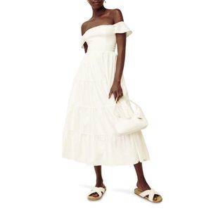 Reformation White Derek Cotton Off-Shoulder Tiered Midi Classic Dress Size 10